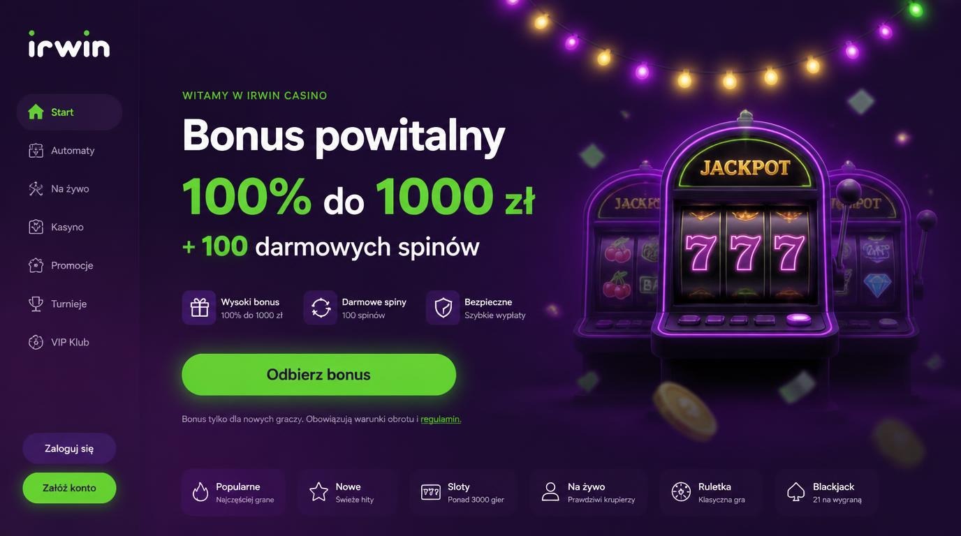 ekran powitalny z ofertą bonusu i automatami
