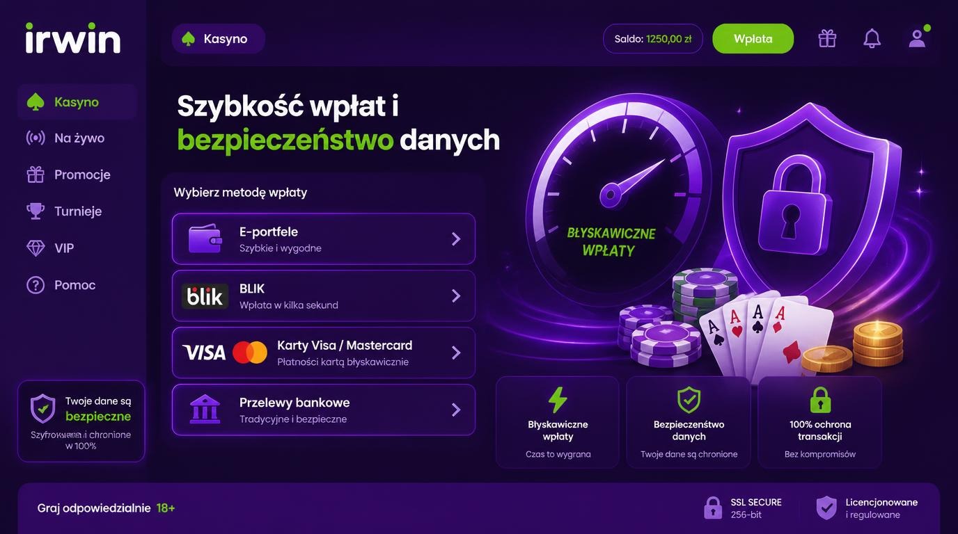 Interfejs kasyna pokazujący różne metody płatności i zabezpieczenia danych