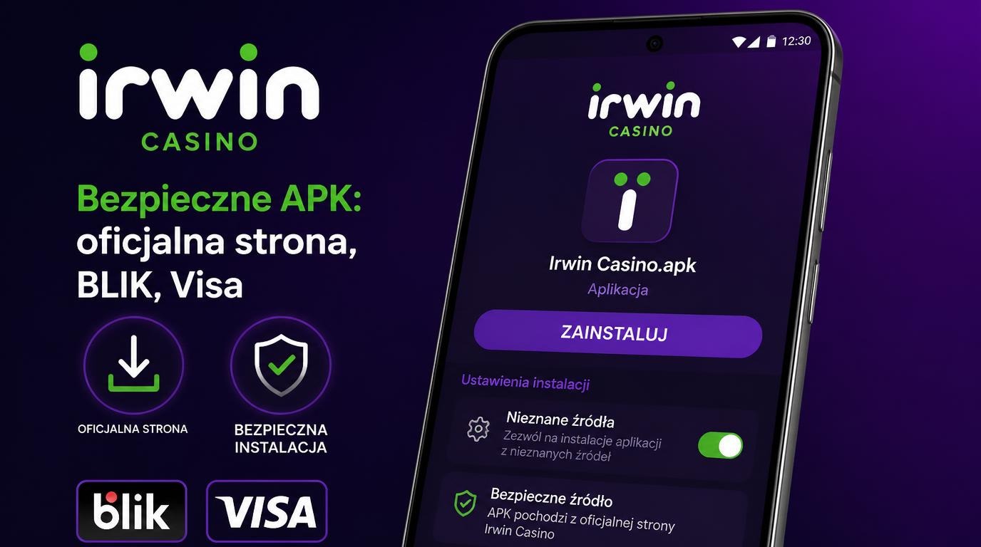 interfejs pokazujacy instalacje aplikacji android, opcje platnosci, logo irwin casino