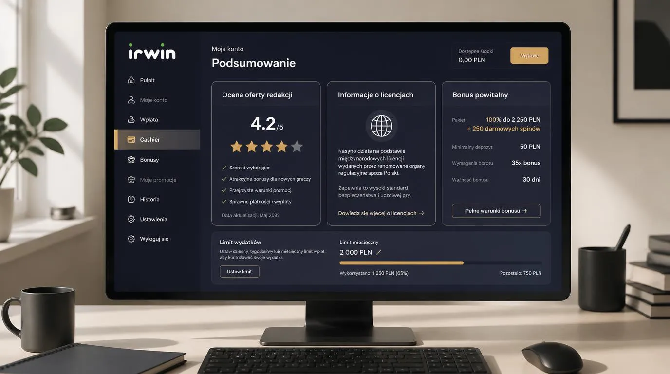 Panel kasyna z oceną oferty, informacją o licencji międzynarodowej i bonusem powitalnym
