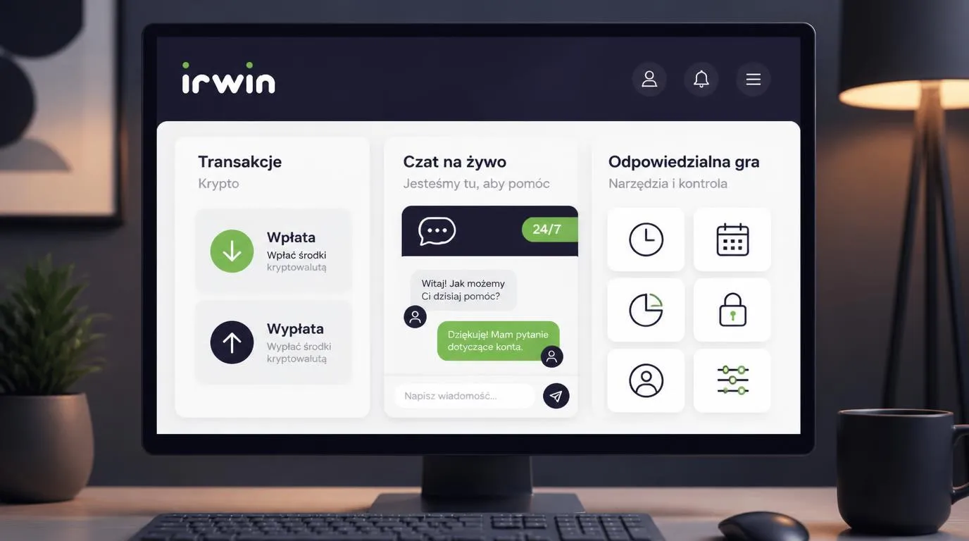 Panel kasyna z wpłatą i wypłatą kryptowalutową, czatem 24/7 oraz sekcją narzędzi odpowiedzialnej gry